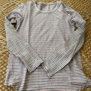 Marine Layer Women’s Stripe Long Sleeve Knit Top — Cream with Red & Blue Stripes